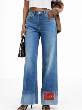 $2,200 GUCCI Light-Blue Wide Flare Jeans with Red Logo Patch US27 Boho Chic